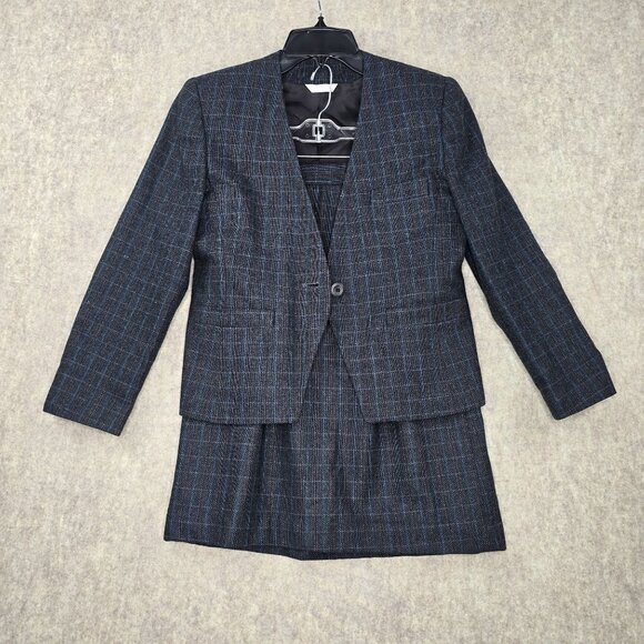 Mark Alexander Plaid Blazer Jacket & Skirt Set Gray Wool Blend Fully Lined - Picture 1 of 16